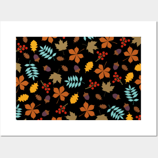 Autumn leaves falling with acorns and fruits / Fall pattern Posters and Art
